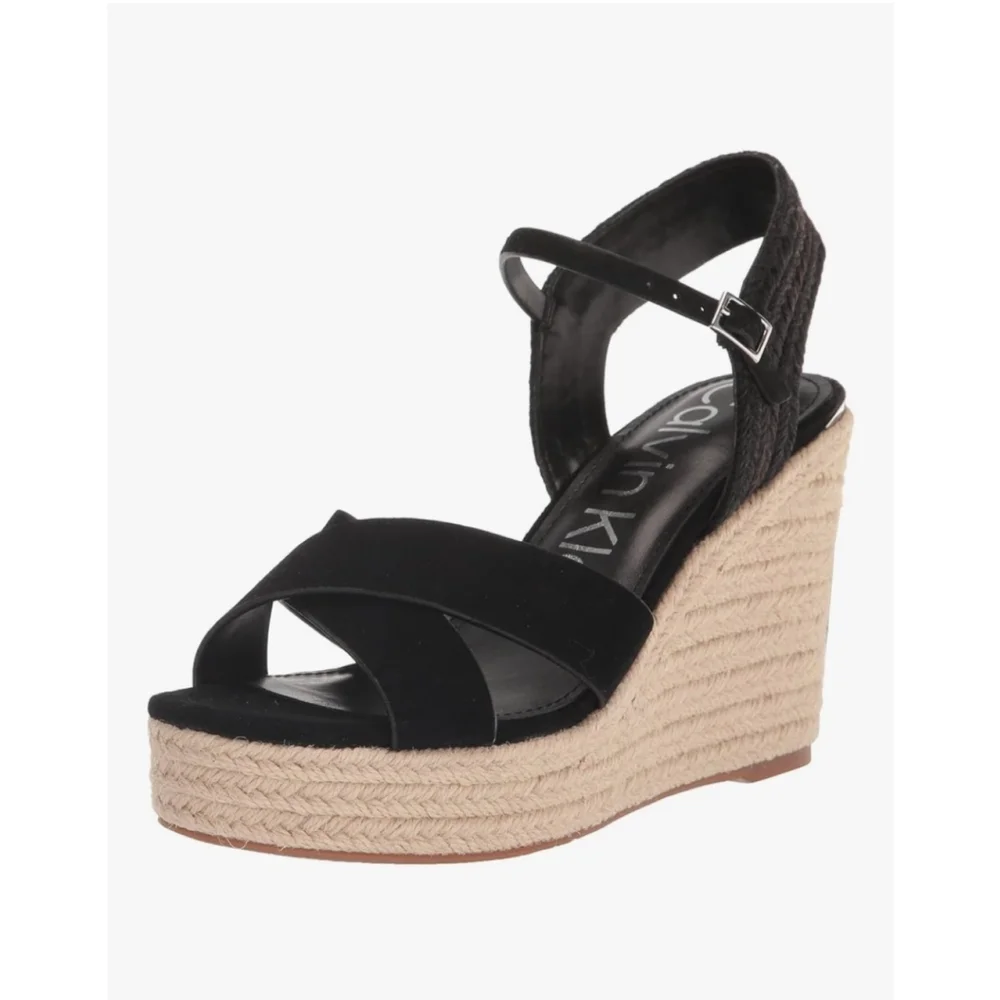 CALVIN KLEIN ELORY Suede LEATHER Cross Strap Espadrille Wedge Sandal 9.5 M BLACK